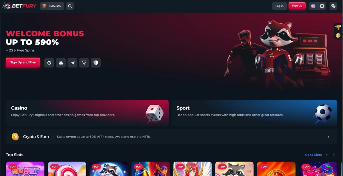 The BetFury home page showing the welcome offer and the sign-up options