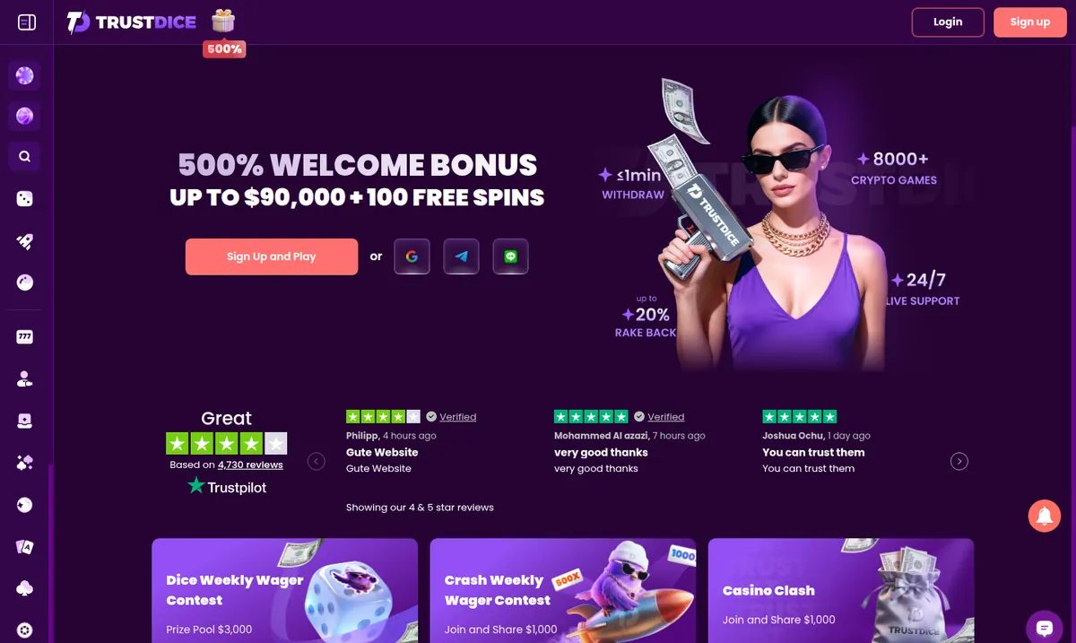 The TrustDice home page with its welcome banner and a live win feed