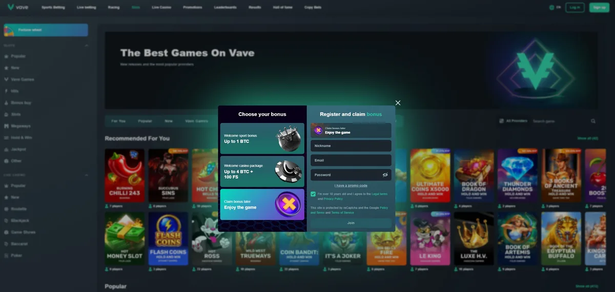 The Vave home page with a sign-up dialogue open over the lobby
